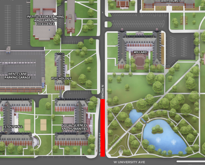 from University Avenue to the Social Sciences and Humanities parking lot