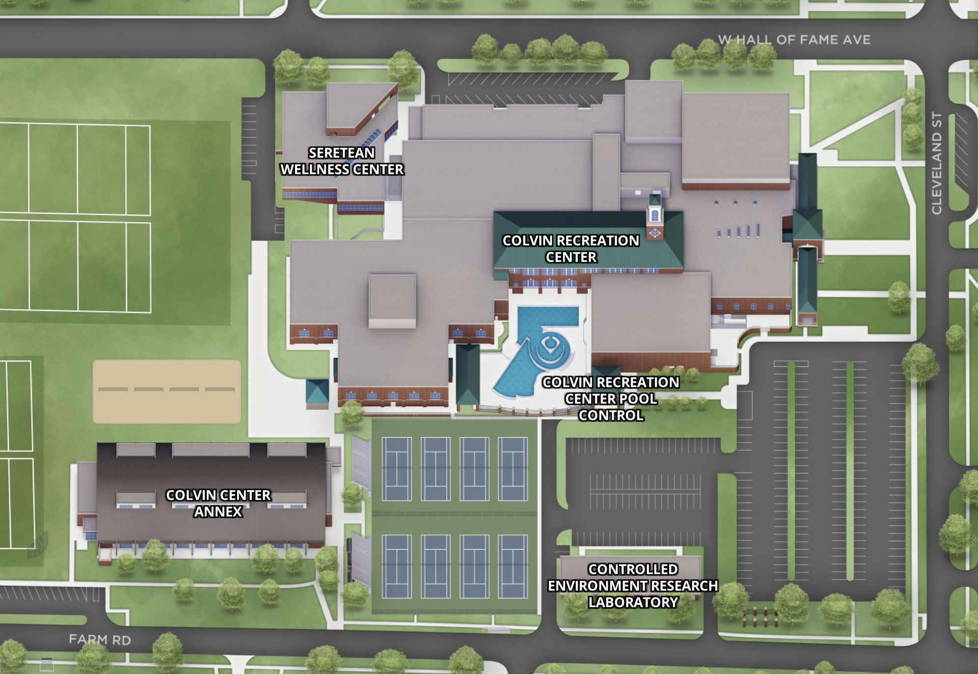 Map showing Colvin Center Annex Southwest of the Colvin Center building on Farm Road